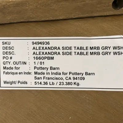 Sale Photo Thumbnail #26: Pottery Barn Alexandra side table inspection label