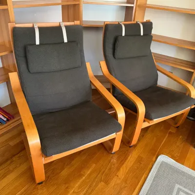 IKEA POÄNG Armchairs | Curved Bentwood Frames & Dark Gray Cushions | Set Of 2