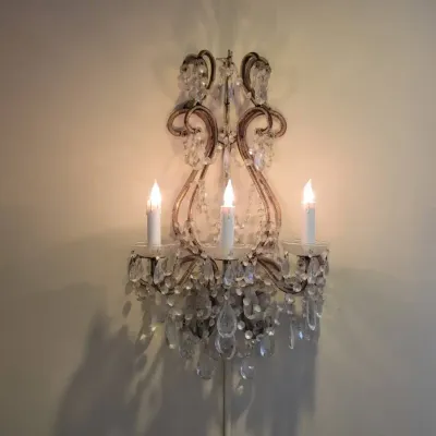 Ornate Crystal Prism Wall Sconce | 3-Light Candelabra | Antique-Style Gold-Tone Finish
