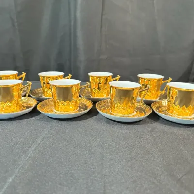 Vintage Gold Gilt Porcelain Demitasse Cups & Saucers | Ornate Embossed Design | Set Of 8