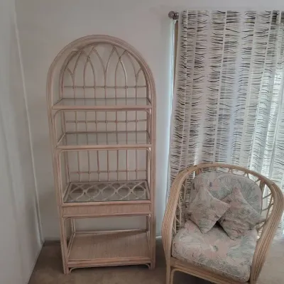 Vintage Rattan Wicker Etagere Display Shelf & Cushioned Barrel Chair | Floral Upholstery