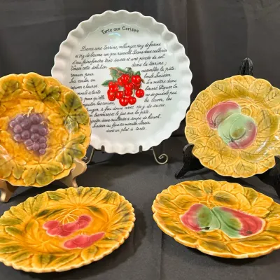 Vintage French Majolica Fruit Plates | Sarreguemines Style & Cherry Tart Recipe Dish | 5 Pieces