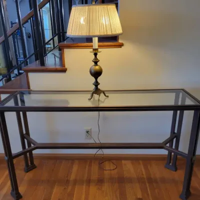 Rectangular Glass Top Console Table With Metal Frame & Decorative Table Lamp
