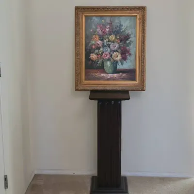 Framed Floral Still Life Artwork With Ornate Gold-Tone Frame & Wood Display Pedestal
