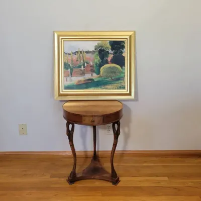 Vintage Oval Wood Accent Table With Drawer & Cabriole Legs | Framed Landscape Artwork
