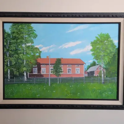 Framed Country Farmhouse Landscape Painting | Red Farmhouse, Barn & Birch Trees