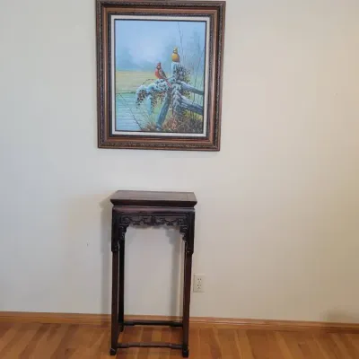 Asian-Style Carved Wood Display Pedestal Table & Framed Cardinal Bird Wildlife Artwork