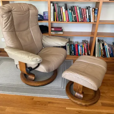 Beige Leather Swivel Recliner With Matching Ottoman | Bentwood Frame & Circular Base