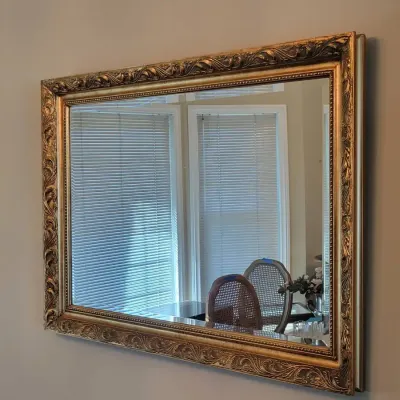Large Ornate Gold-Tone Framed Wall Mirror | Rectangular Beveled Glass With Floral Scrollwork