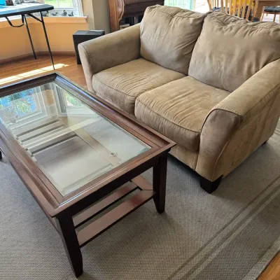 Upholstered Two-Seater Loveseat Sofa & Wood Framed Glass Top Coffee Table