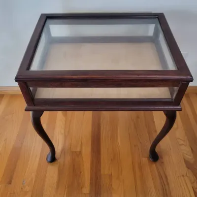 Vintage Curved Leg Wood & Glass Display Case Table | Shadow Box Curio Accent Table