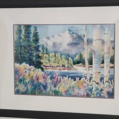 Rachel Brown Watercolor Painting | Mountain Lake Landscape With Aspen Trees | Framed