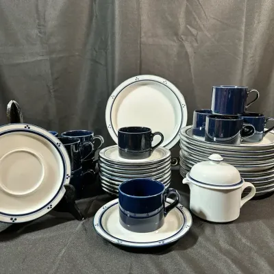 Dansk Bistro Dinnerware Set | Blue & White Plates, Mugs, Saucers & Creamer | 35 Pieces