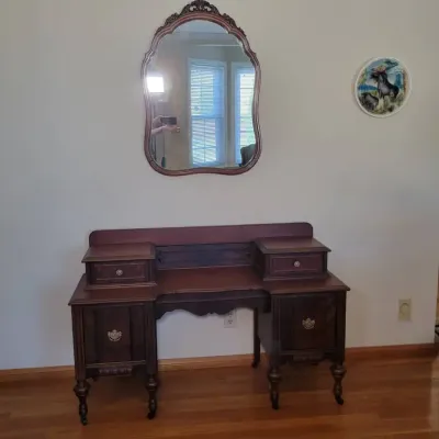 Vintage Wooden Vanity Dressing Table With Drawers & Ornate Wall Mirror | Traditional Style