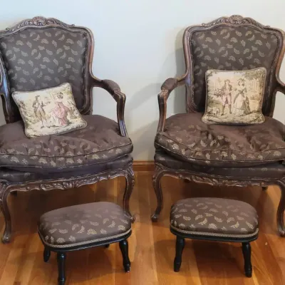 French Louis XV Style Carved Wood Armchairs With Matching Footstools & Accent Pillows | Pair