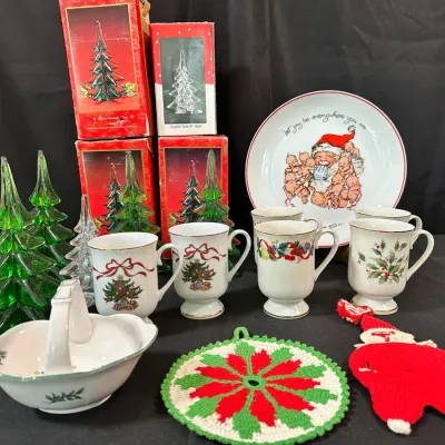 Vintage Christmas Decor Collection | Glass Trees, Holiday Mugs, Santa Plate & More