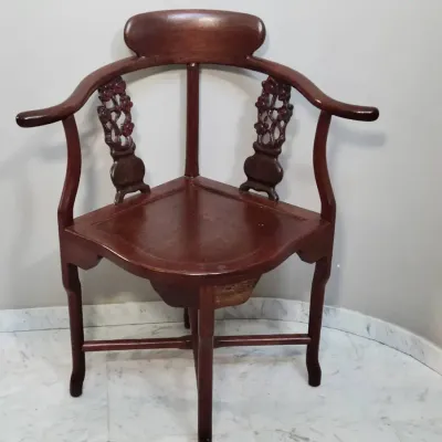 Vintage Chinese Rosewood-Style Horseshoe Back Corner Chair | Carved Asian Accent Furniture