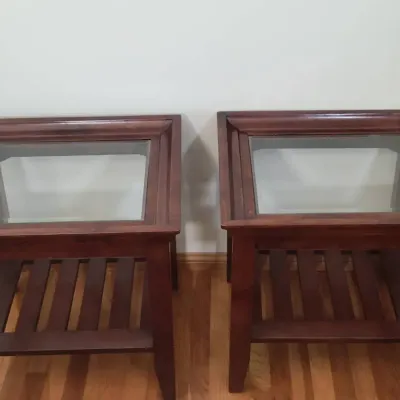 Matching Wood End Tables With Beveled Glass Tops & Slatted Lower Shelves | Pair