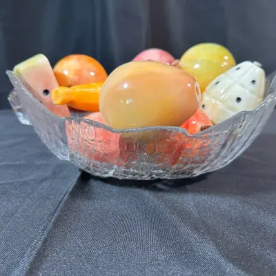 Vintage Alabaster Stone Fruit Collection | Carved Decorative Fruit With Glass Serving Bowl