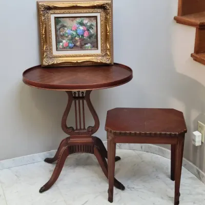 Vintage Wood Lyre Pedestal Side Table, Accent Stool & Framed Floral Still Life Artwork