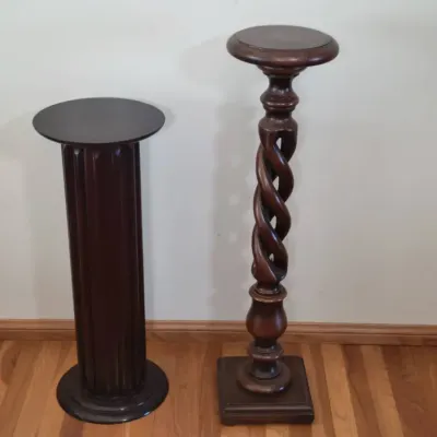 Decorative Wooden Pedestal Plant Stands | Fluted Column & Open Barley Twist Design | Set Of 2
