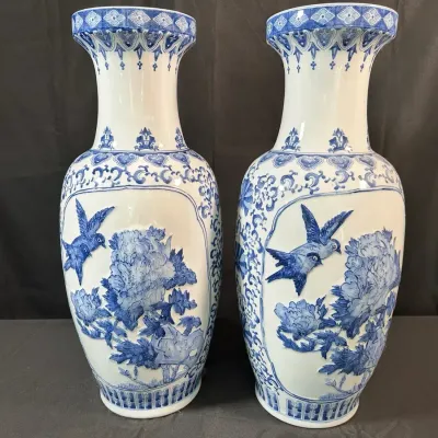 Chinese Blue & White Porcelain Floor Vases | Birds, Peonies & Floral Motifs | Matching Pair