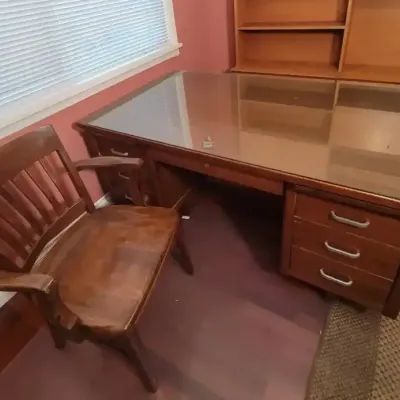 Wooden Office Desk With Glass Top & Storage Drawers | Vintage Wood Armchair