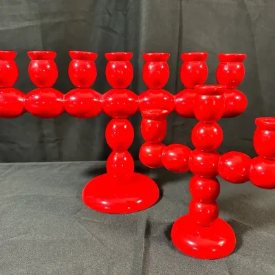 Scandinavian Red Wooden Candelabras | Mid-Century Modern Folk Art Design | Pair