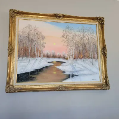 Seidi Syrjänpää Signed Winter Landscape Painting | Dated 1987 | Ornate Gold Frame