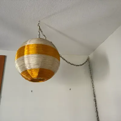 Vintage Mid-Century Modern Spaghetti Swag Pendant Lamp | Amber & White Globe Shade