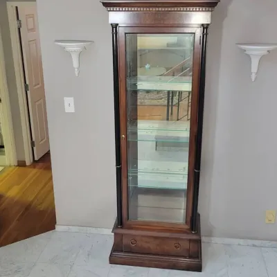Traditional Wooden Curio Display Cabinet | Glass Door, Glass Shelves & Storage Drawer