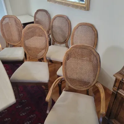 French Provincial Style Dining Chairs | Cane Backs & Upholstered Seats | Set of 6