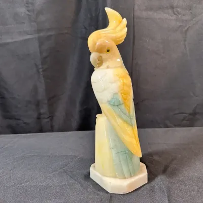 Italian Hand-Carved Genuine Alabaster Cockatoo Parrot Sculpture | Made In Italy
