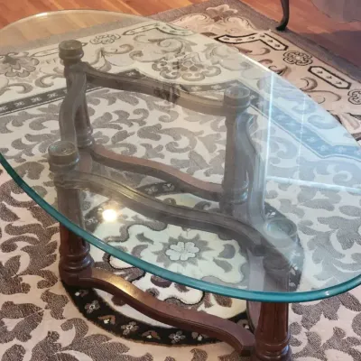 Oval Glass Top Coffee Table | Traditional Wood Base With Turned Legs & Curved Stretchers