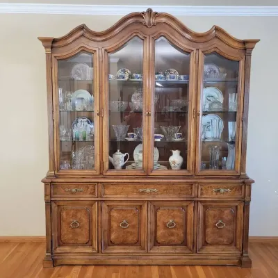 Traditional Wood China Display Cabinet & Buffet | Glass Doors, Burl Wood Panels & Drawers