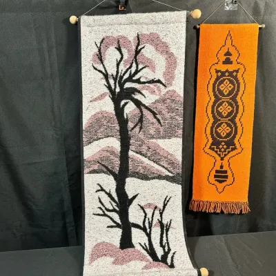Vintage Textile Wall Hangings | Tree Landscape & Orange Geometric Design | Pair