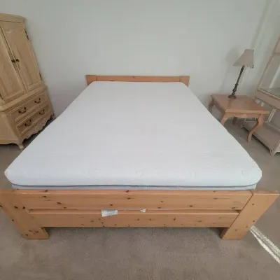 Natural Pine Wood Bed Frame With Mattress | Rustic Farmhouse Style Headboard & Footboard