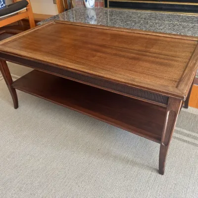 Rectangular Wood Coffee Table | Raised Lip Top, Reeded Apron & Lower Storage Shelf