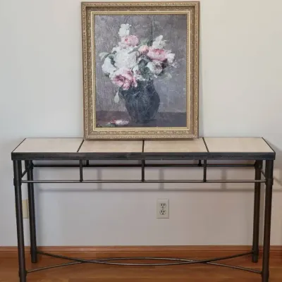 Metal & Tile Top Console Table With Framed Floral Still Life Artwork | Decorative Accent Set