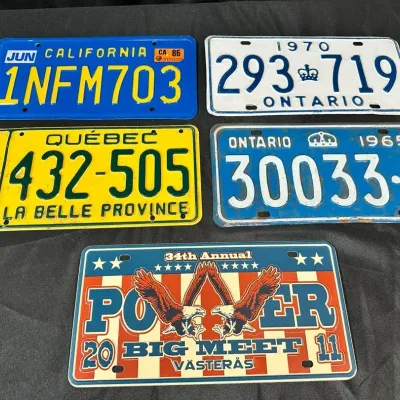 Vintage License Plate Collection | California, Ontario, Quebec & Sweden | 5 Plates