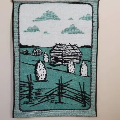 Vintage Scandinavian Folk Art Woven Wall Hanging | Rural Farmhouse Landscape Tapestry
