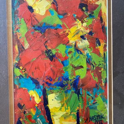 Sale Photo Thumbnail #86: Framed original abstract impasto floral painting, signed 'Hasmik' and dated 1992 in the lower right corner.