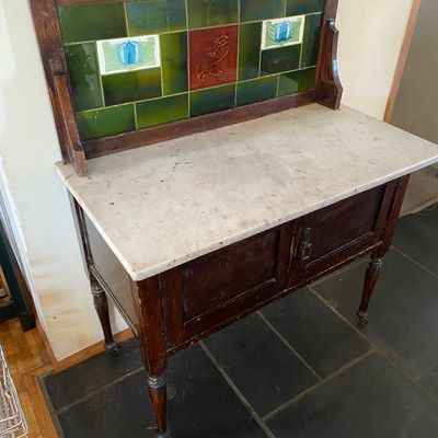 Sale Photo Thumbnail #7: Antique Arts and Crafts washstand with a marble top and tiled backsplash, featuring green and floral Art Nouveau glaze tiles.
