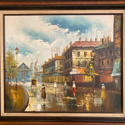 Sale Photo Thumbnail #90: Mid-century framed oil painting on canvas depicting a bustling European street scene, signed by artist Engel in the lower left.