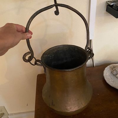 Sale Photo Thumbnail #184: Antique copper cooking pot with a large wrought iron bail handle and top hanging hook.