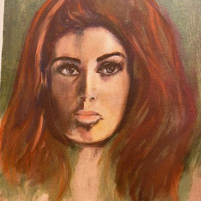 Sale Photo Thumbnail #87: Vintage oil portrait painting of a woman with auburn hair on stretched canvas, circa 1960s to 1970s.