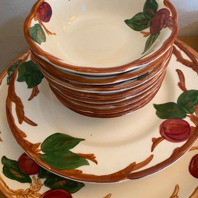 Sale Photo Thumbnail #8: Franciscan Apple pattern ceramic dinnerware stack, including small bowls, salad plates, and dinner plates.