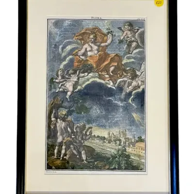Sale Photo Thumbnail #140: HAND COLORED c 1720 ENGRAVING "FLORA" by PAUL DECKER