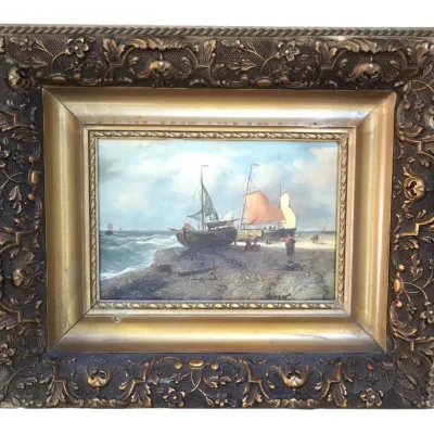 Sale Photo Thumbnail #130: ANTIQUE DUTCH COASTAL SEASCAPE WITH FISHING BOATS