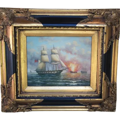 Sale Photo Thumbnail #229: MARITIME OIL ON WOOD PANEL NAVAL BATTLE SCENE